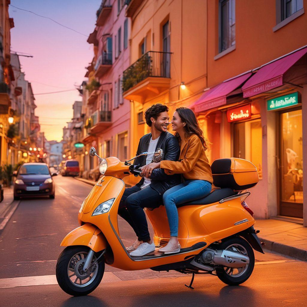 A romantic scene depicting a couple sharing an intimate moment inside a vibrant shared scooter, surrounded by a cityscape at sunset. The couple is laughing and looking at each other, with warm lights illuminating the background. Include elements of shared mobility like bike racks and colorful scooters in the foreground. The atmosphere should evoke a sense of adventure and connection. super-realistic. vibrant colors. sunset glow.