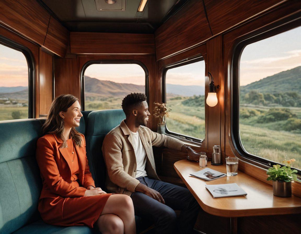 A cozy interior of a modern train, featuring couples sharing laughter and stories, holding hands, and gazing out the window at passing landscapes. Soft lighting creates an intimate atmosphere, complemented by a backdrop of beautiful scenery outside. The vibe is warm, romantic, and inviting, encapsulating the essence of a journey transforming into a connection. super-realistic. vibrant colors. warm tones.