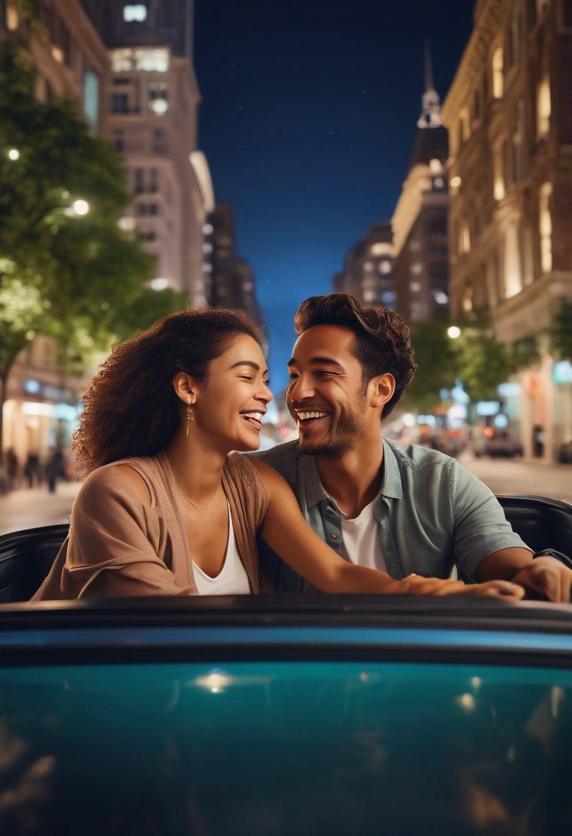 A cozy evening scene in a bustling city, featuring a couple sharing a joyful ride in a modern rideshare vehicle, illuminated by romantic city lights. The cityscape is vibrant with a blend of urban architecture and greenery, while the couple is laughing and enjoying each other's company. Include elements like a ride-hailing app interface subtly displayed on the phone screen, and a scenic background of city landmarks. super-realistic. vibrant colors. night time.